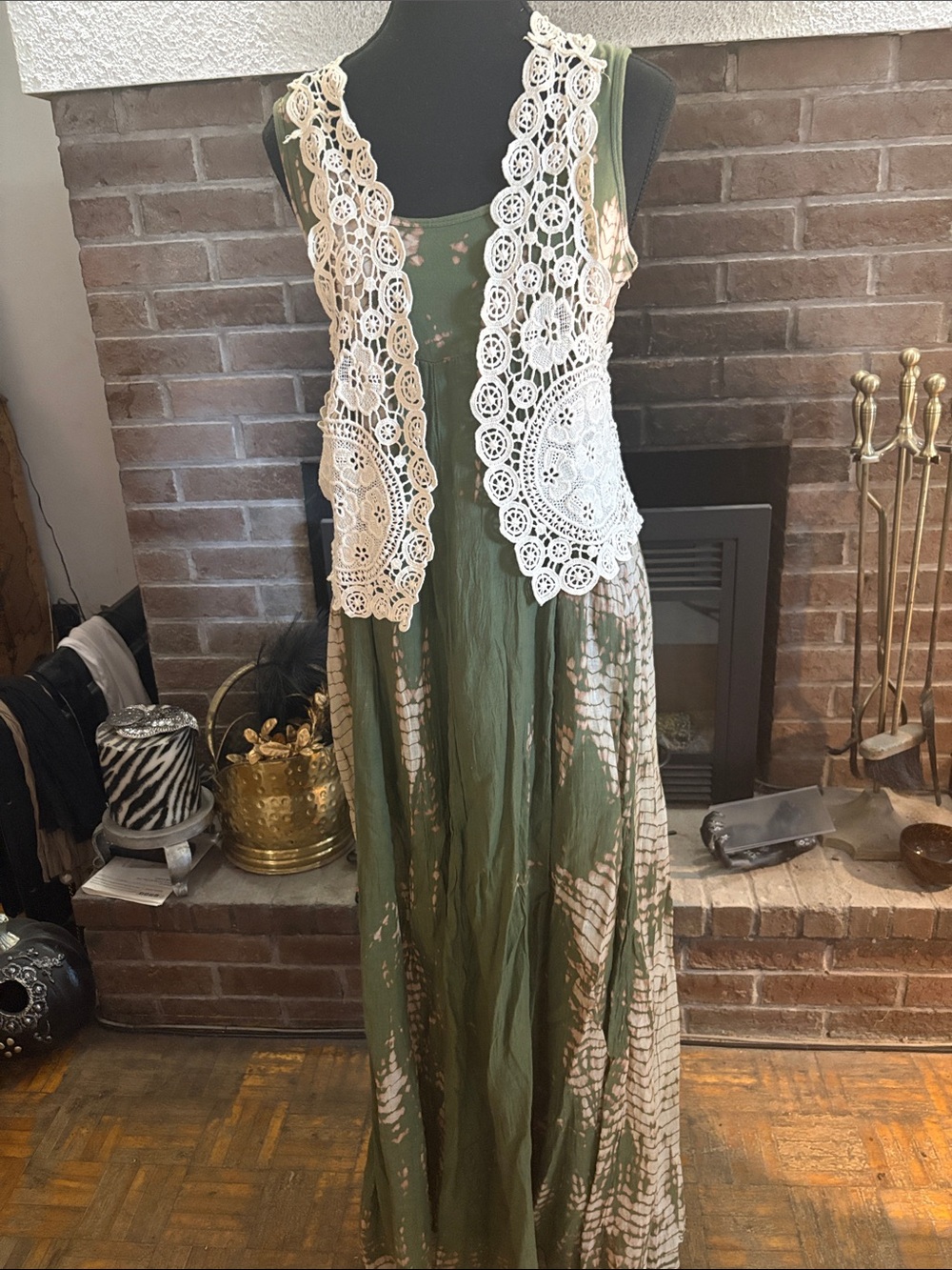 Solitaire Olive Green and Ivory Boho Maxi Dress with Crochet Vest